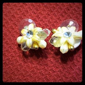 70s style crystal flower clip on earrings